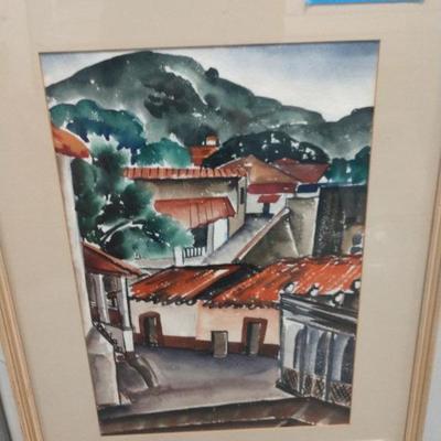 Rodger Ellis painting of houses on hill (A-102)