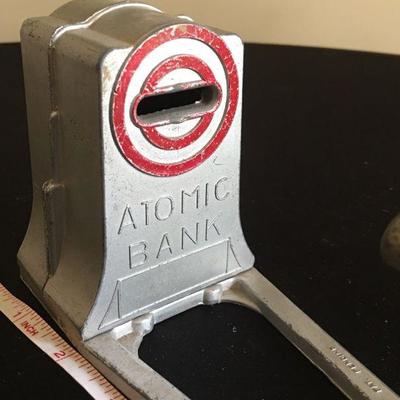 Vintage Atomic mechanical metal  coin bank with target