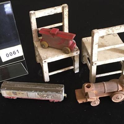 Lot of miniature toy chairs, wooden and metal train pieces