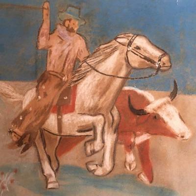 Original vintage pastel of cowboy and steer by local artist Ed Cooper. 