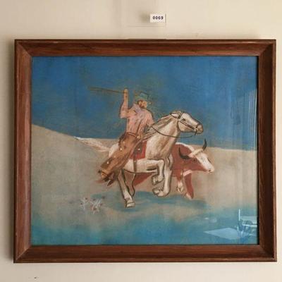 Original vintage pastel of cowboy and steer by local artist Ed Cooper. 