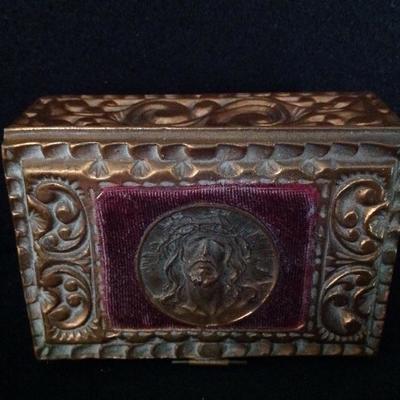 Antique Hand-Worked Mexican Copper Stamped Catholic Jesus Christ Rosary Box 