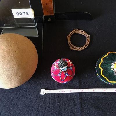 lot of Beaded Native American pincushions and a small Mexican pot. Vintage.