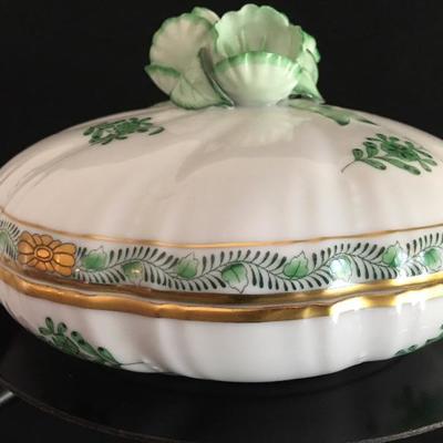 Herend Hungary China Porcelain Hand Painted Round Box Trinket Dish Box Applied Rose Candy Green & Gold