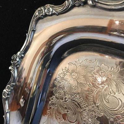Large old heavy square beautiful silverplate tray with gorgeous detailing