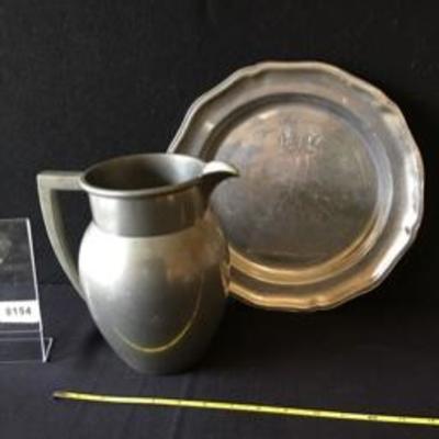 Vintage Antique Pewter Pitcher & Charger
