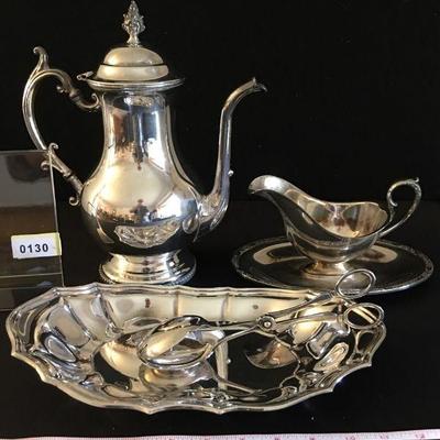 Large 4pc Vintage Silverplate Set - Coffee Pot, Tray, tongs and Gravy Boat newly polished