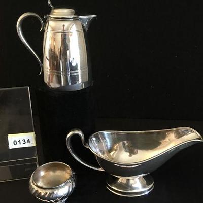 Diminutive Chocolate Pot Gravy Boat and Salt or Nut Dish - 3 pcs Silverplate