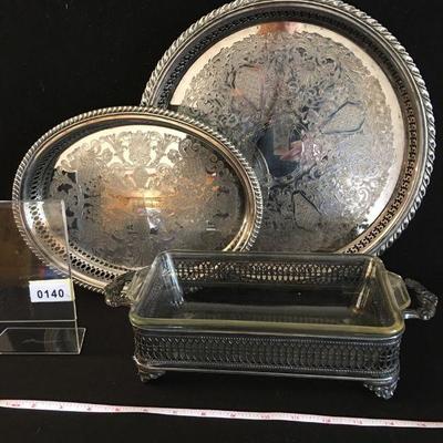 2 Vintage Silverplate trays - 1 round, 1 oval and a Casserole dish with glass insert