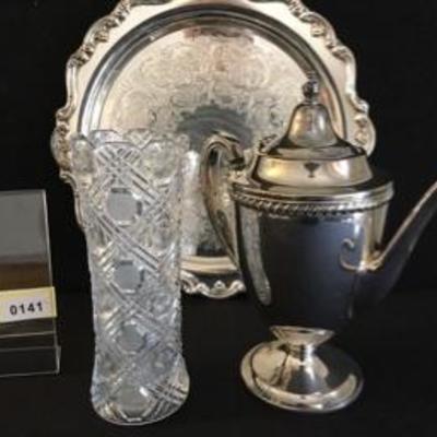Three-Piece Lot: Silverplate Tray + Sm Coffee Pot + Pressed Glass Cylinder Vase