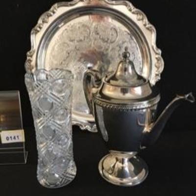Three-Piece Lot: Silverplate Tray + Sm Coffee Pot + Pressed Glass Cylinder Vase