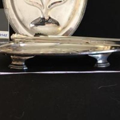Three-Piece Lot: Large Oval Silverplate Meat Platter + Small 3-Piece Meat Platter + Tongs