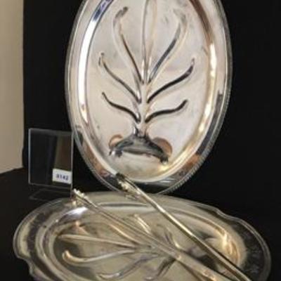 Three-Piece Lot: Large Oval Silverplate Meat Platter + Small 3-Piece Meat Platter + Tongs