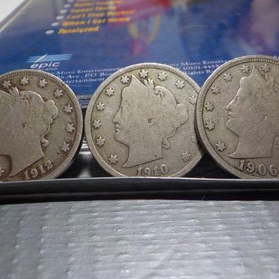 1912, 1910, 1906 V- Braided 5 cent coins.