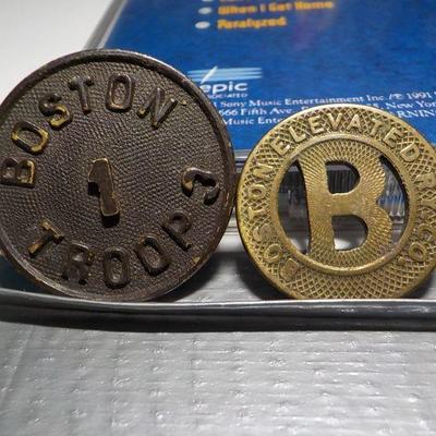 Boy Scouts of America "Boston 1st. Troop 3 pin, and 1950's Boston Elevated Trolly coin.