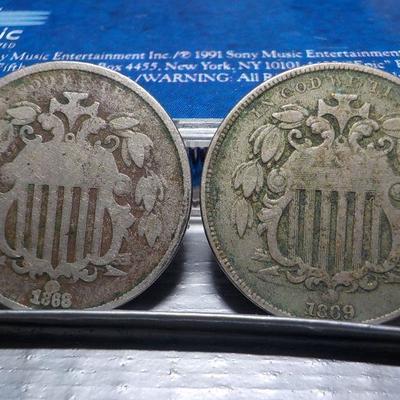 1868 and 1869 Lg motto , 5 cents coins.