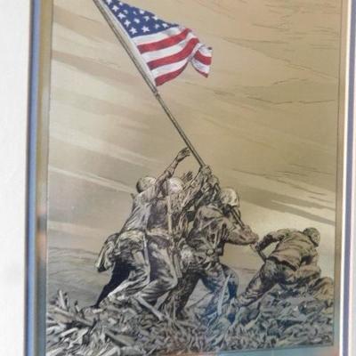 'So Proudly We Hail'  Iwo Jima WWII US Flag Raise Color on Foil Framed Art 14