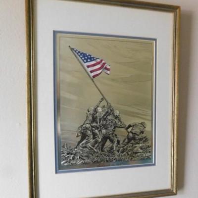 'So Proudly We Hail'  Iwo Jima WWII US Flag Raise Color on Foil Framed Art 14