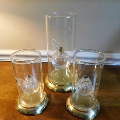 Set of Three Matching Table Top Oil Lanterns with Brass Bases (2) 6' (1) 10