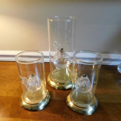Set of Three Matching Table Top Oil Lanterns with Brass Bases (2) 6' (1) 10