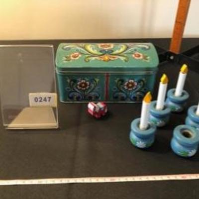 Swedish Lot: Hand-Painted Tin Box; 5 Wooden Candle Holders; 4 Wood Candles; Small Dala Horse