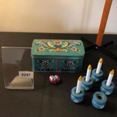 Swedish Lot: Hand-Painted Tin Box; 5 Wooden Candle Holders; 4 Wood Candles; Small Dala Horse