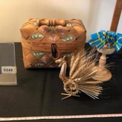 Swedish Lot: Large Folk Art Hand-Painted Basket; Wheat Weaving Turkey; Flags & Holder