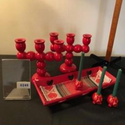 Swedish Folk Art Decor Lot: Pair Red Candle Sticks; Three Pig Candle Holders; Wooden Red Painted Tray