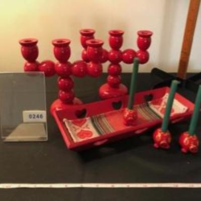 Swedish Folk Art Decor Lot: Pair Red Candle Sticks; Three Pig Candle Holders; Wooden Red Painted Tray