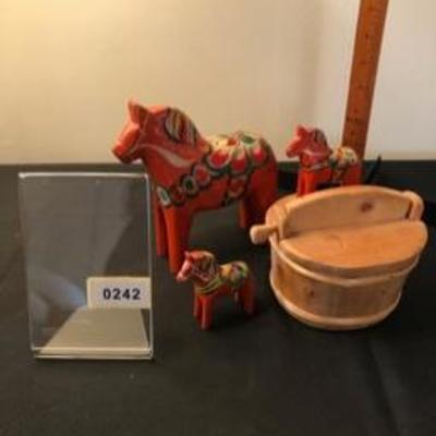  Lot of Three Swedish Dala Horses/ Nice Folk Art Box
