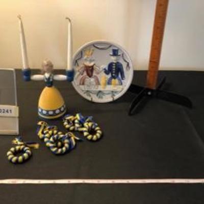 Swedish Collectibles Decor Lot: Candle Holder; Plate; Flags