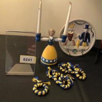 Swedish Collectibles Decor Lot: Candle Holder; Plate; Flags