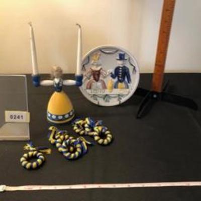 Swedish Collectibles Decor Lot: Candle Holder; Plate; Flags