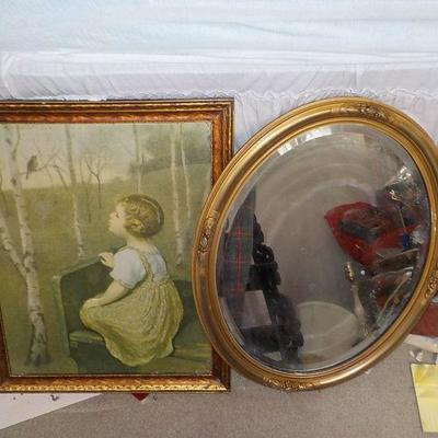 Vintage Round Mirror and Vintage Print.