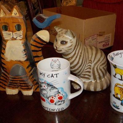 2- Wood carve cats and 2 cat mugs limited editions.