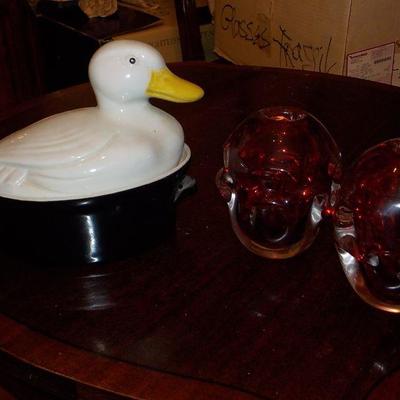 3- Duck cook ware and red glass candle holders.