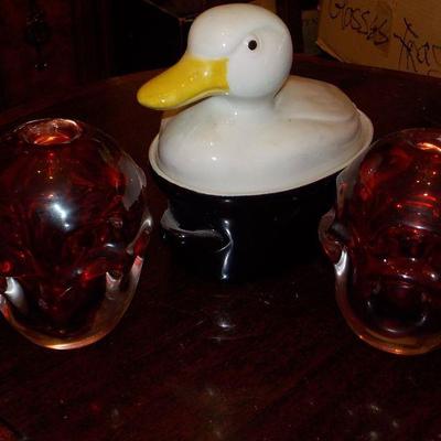 3- Duck cook ware and red glass candle holders.