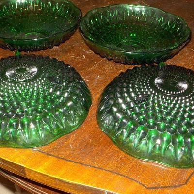 4 - depression glass green candy dishes.