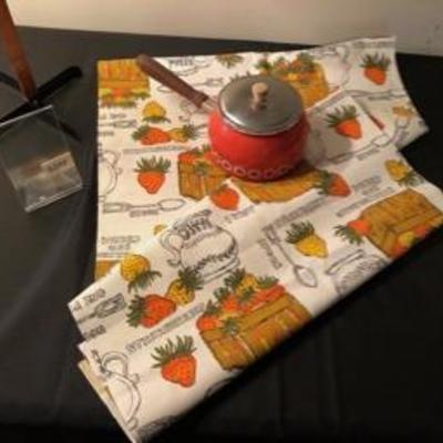 Mid Century Kitchen Lot:  Two Yards 1960's Fabric; Orange Fondue Pot