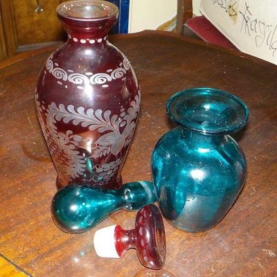 2- European vintage decanters / Etched glass ruby red/ cobalt blue.