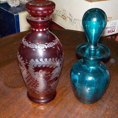 2- European vintage decanters / Etched glass ruby red/ cobalt blue.