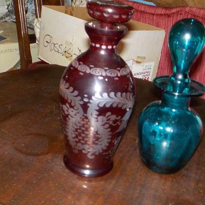 2- European vintage decanters / Etched glass ruby red/ cobalt blue.