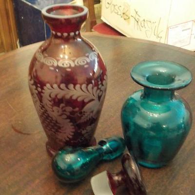 2- European vintage decanters / Etched glass ruby red/ cobalt blue.