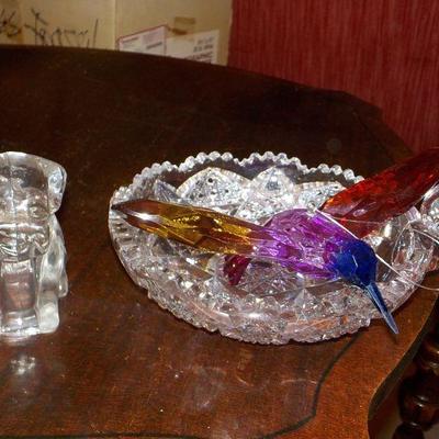 Hummingbird Mini Glass Art, cut glass candy dish and crystal glass puppy.
