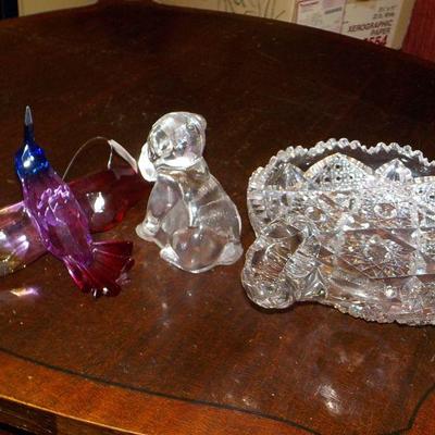Hummingbird Mini Glass Art, cut glass candy dish and crystal glass puppy.