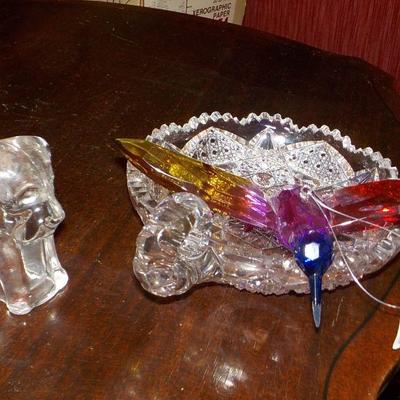 Hummingbird Mini Glass Art, cut glass candy dish and crystal glass puppy.