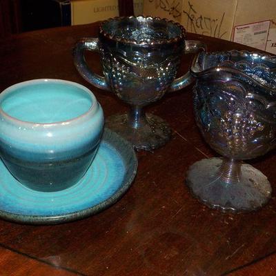 Designer pottery and Carnival glass milk & creamer.