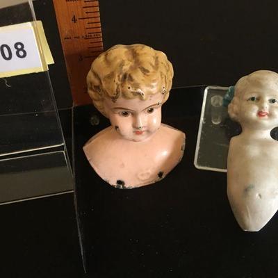 Antique doll heads & porcelain doll torso