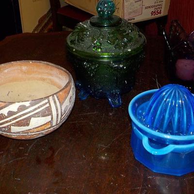 Multi special Glass dieplay Orange squeeze, candle holder, depression glass , Native american bowl.