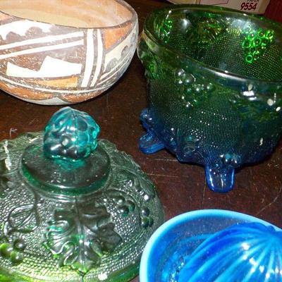 Multi special Glass dieplay Orange squeeze, candle holder, depression glass , Native american bowl.